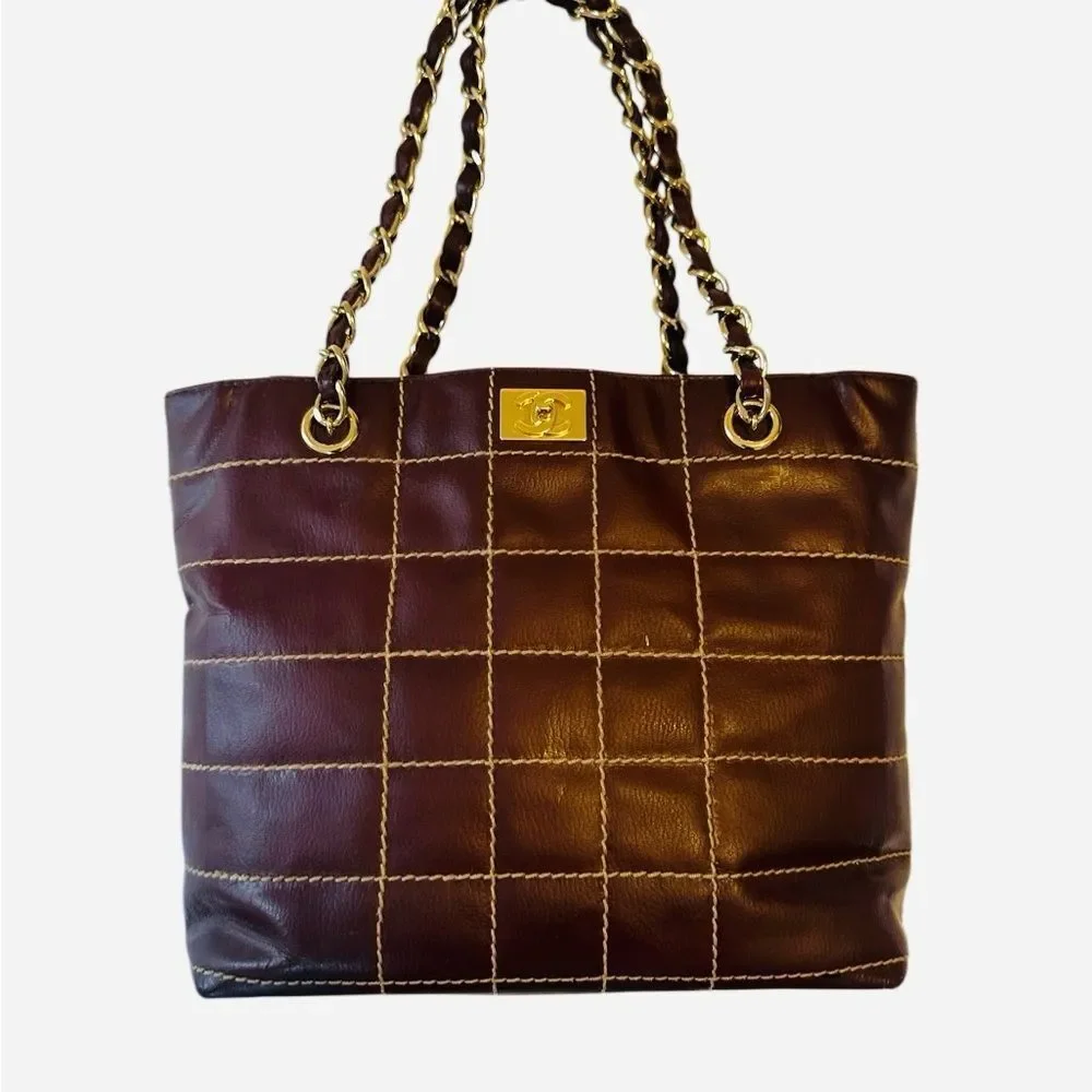 CHANEL Quilted Brown Leather Tote with Gold Chain Handles